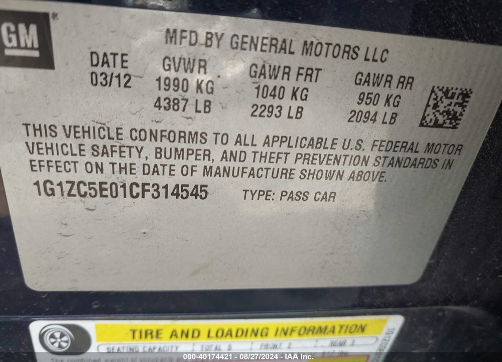 2012 CHEVROLET MALIBU 1LT VIN: 1G1ZC5E01CF314545