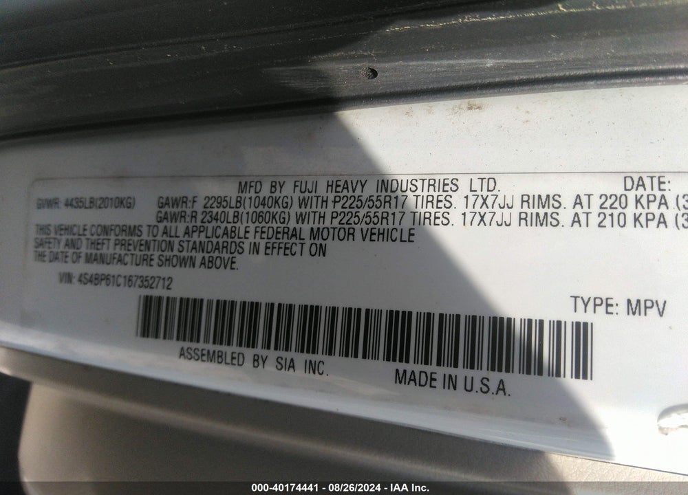 2006 SUBARU OUTBACK 2.5I VIN: 4S4BP61C167352712