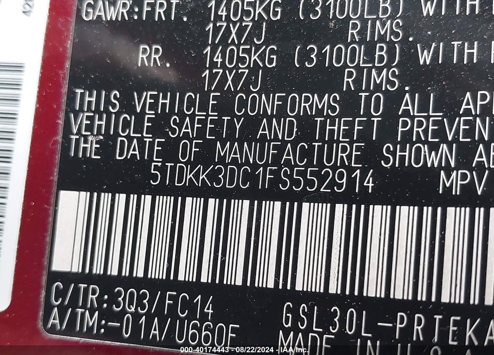2015 TOYOTA SIENNA LE 8 PASSENGER VIN: 5TDKK3DC1FS552914