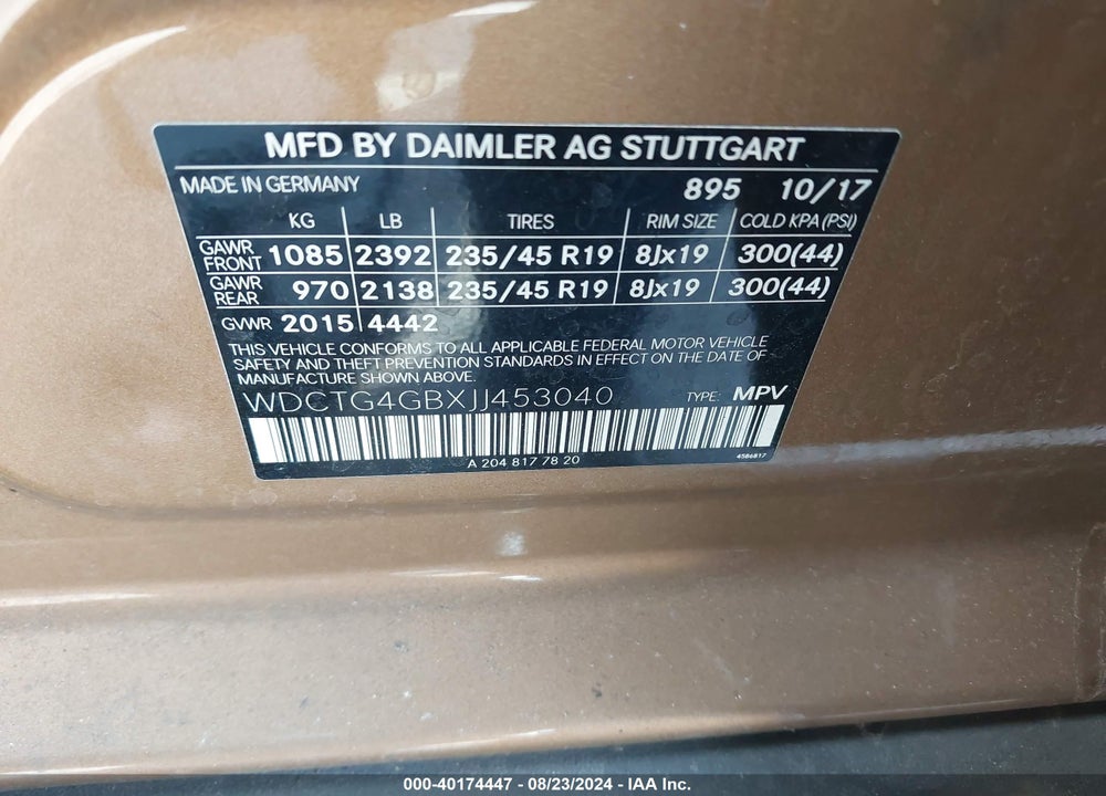 2018 MERCEDES-BENZ GLA 250 4MATIC VIN: WDCTG4GBXJJ453040
