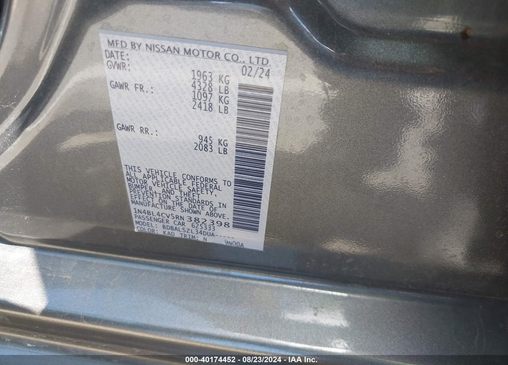 2024 NISSAN ALTIMA SR FWD VIN: 1N4BL4CV5RN382398