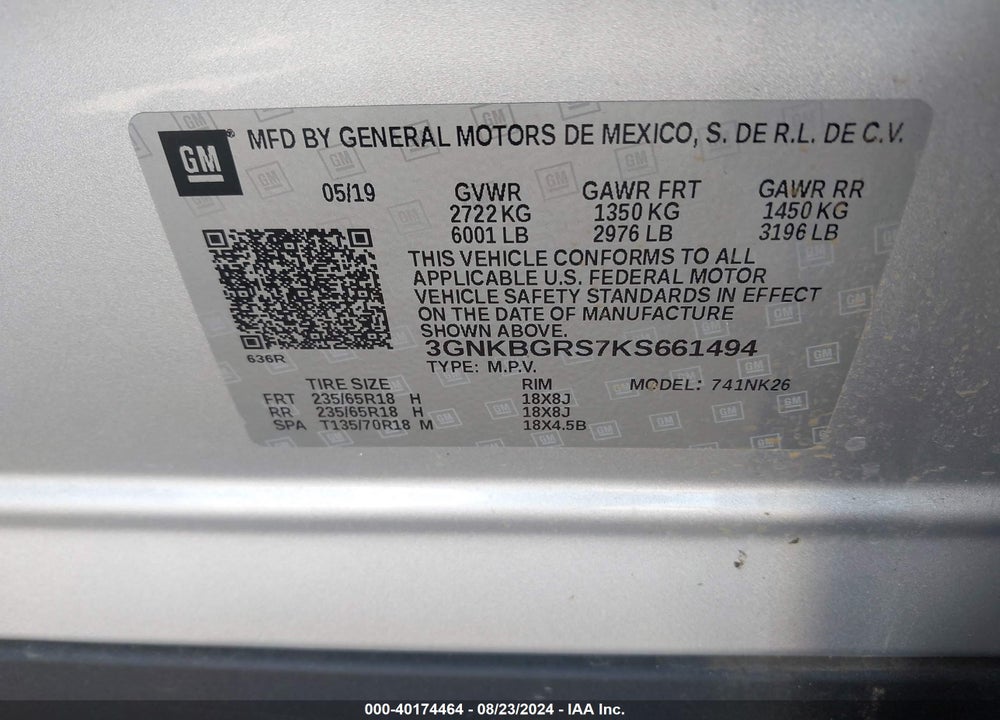2019 CHEVROLET BLAZER VIN: 3GNKBGRS7KS661494