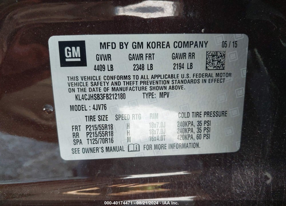 2015 BUICK ENCORE PREMIUM VIN: KL4CJHSB3FB212180
