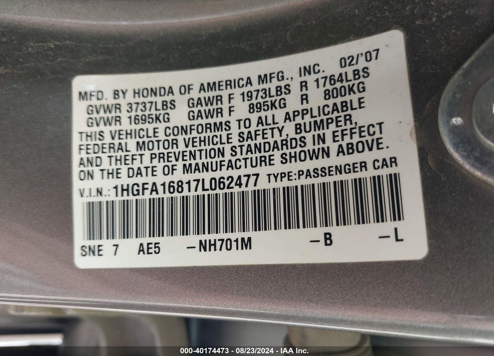 2007 HONDA CIVIC EX VIN: 1HGFA16817L062477