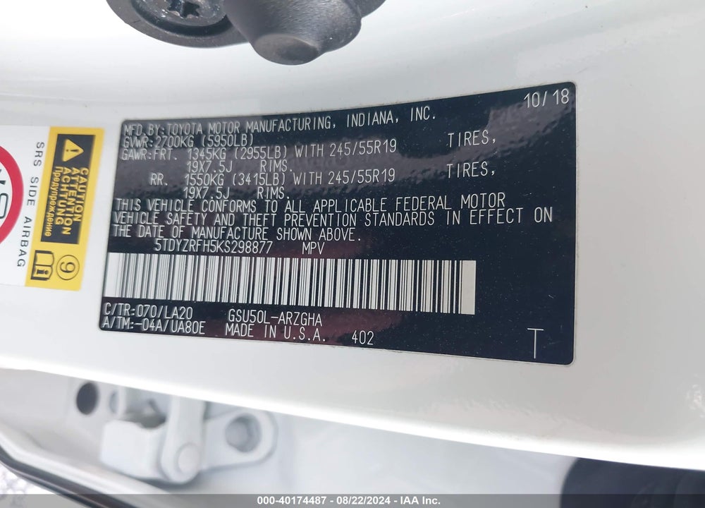 2019 TOYOTA HIGHLANDER LIMITED VIN: 5TDYZRFH5KS298877