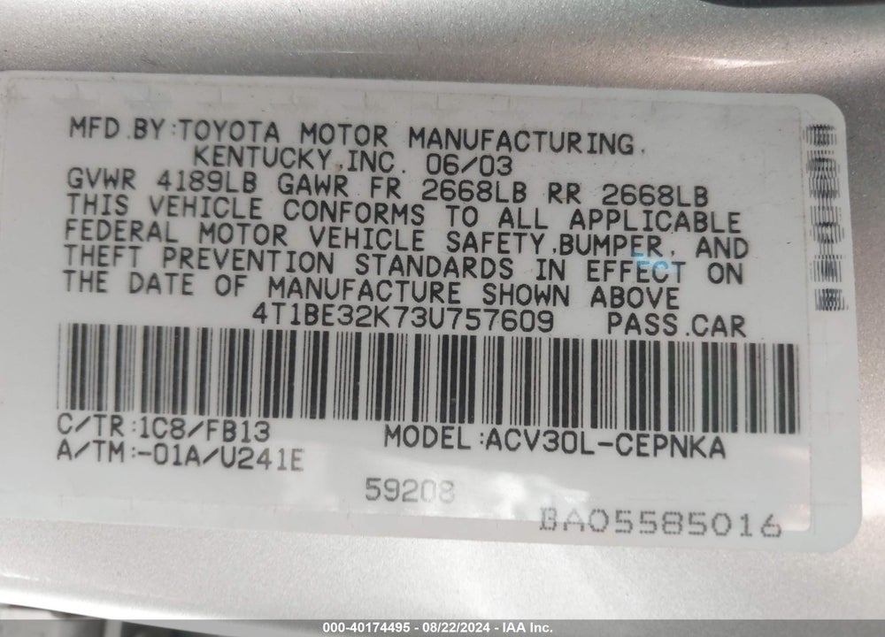 2003 TOYOTA CAMRY LE VIN: 4T1BE32K73U757609