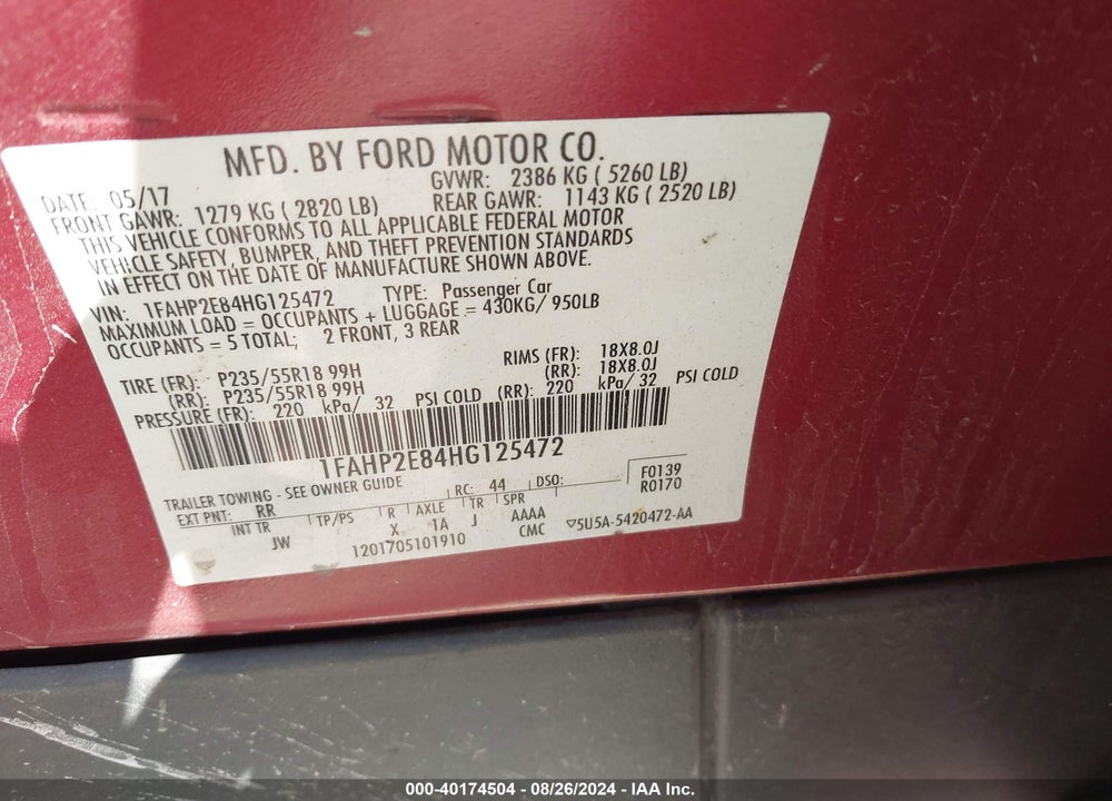 2017 FORD TAURUS SEL VIN: 1FAHP2E84HG125472
