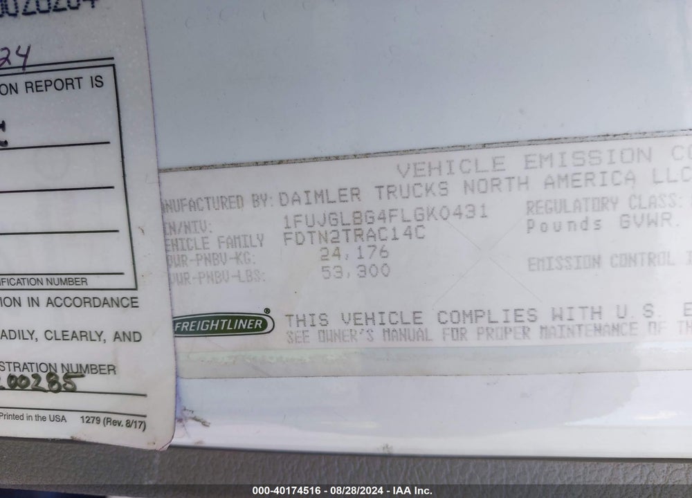 2015 FREIGHTLINER CASCADIA 125 VIN: 1FUJGLBG4FLGK0431