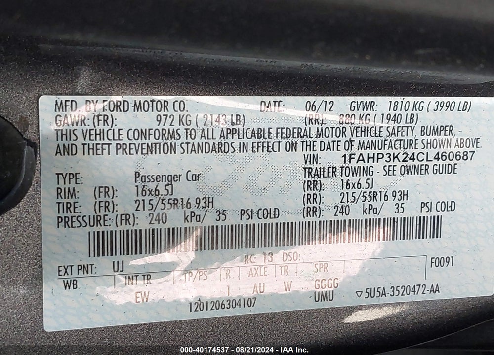 2012 FORD FOCUS SE VIN: 1FAHP3K24CL460687