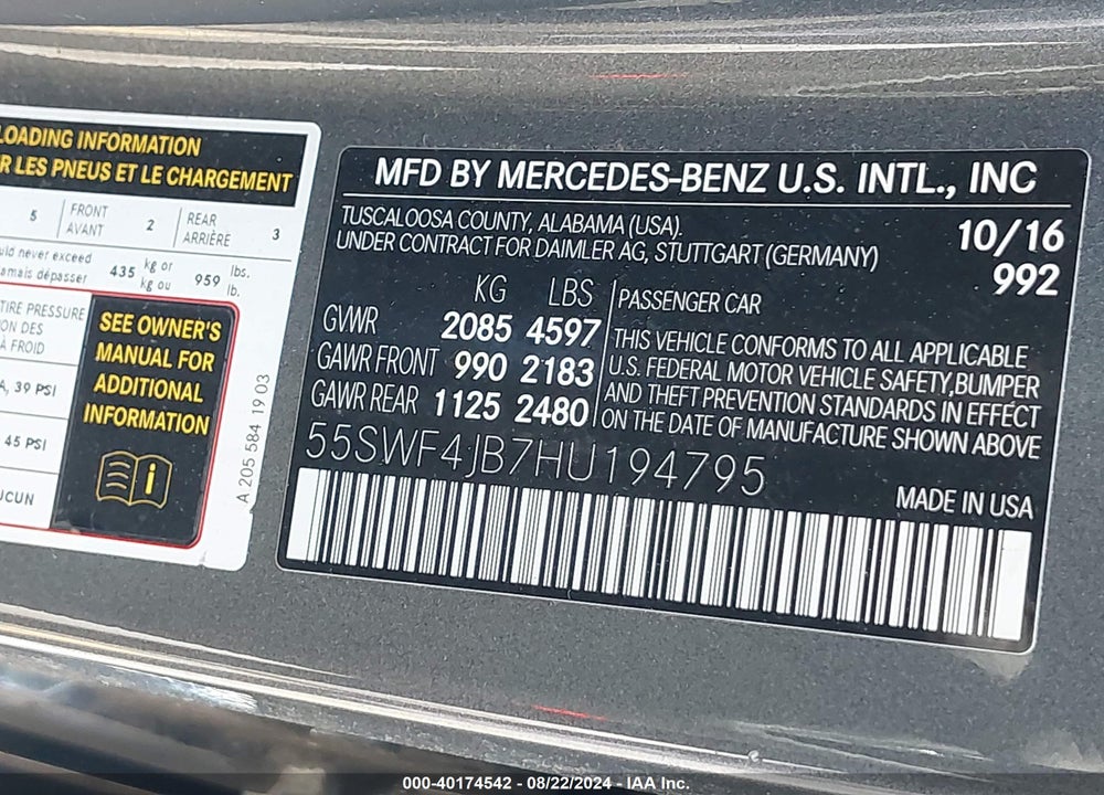 2017 MERCEDES-BENZ C 300 LUXURY/SPORT VIN: 55SWF4JB7HU194795