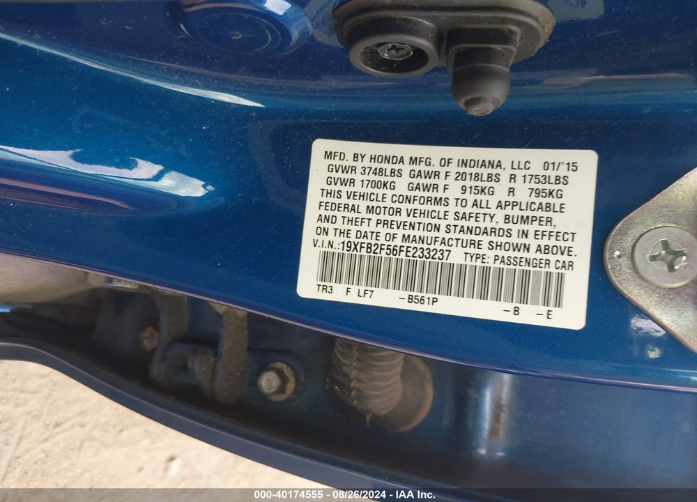 2015 HONDA CIVIC LX VIN: 19XFB2F56FE233237