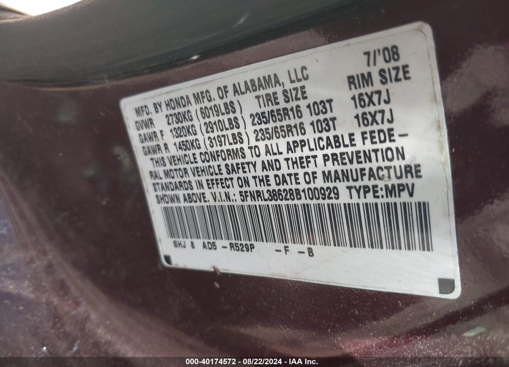 2008 HONDA ODYSSEY EX-L VIN: 5FNRL38628B100929