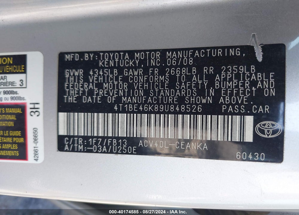 2009 TOYOTA CAMRY VIN: 4T1BE46K89U848526