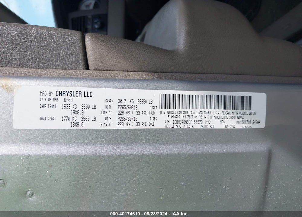 2008 DODGE DURANGO SLT VIN: 1D8HB48N98F155578