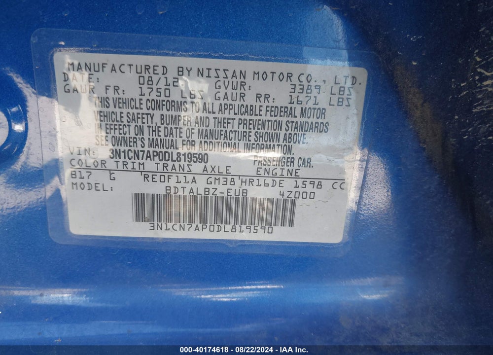 2013 NISSAN VERSA 1.6 SV VIN: 3N1CN7AP0DL819590