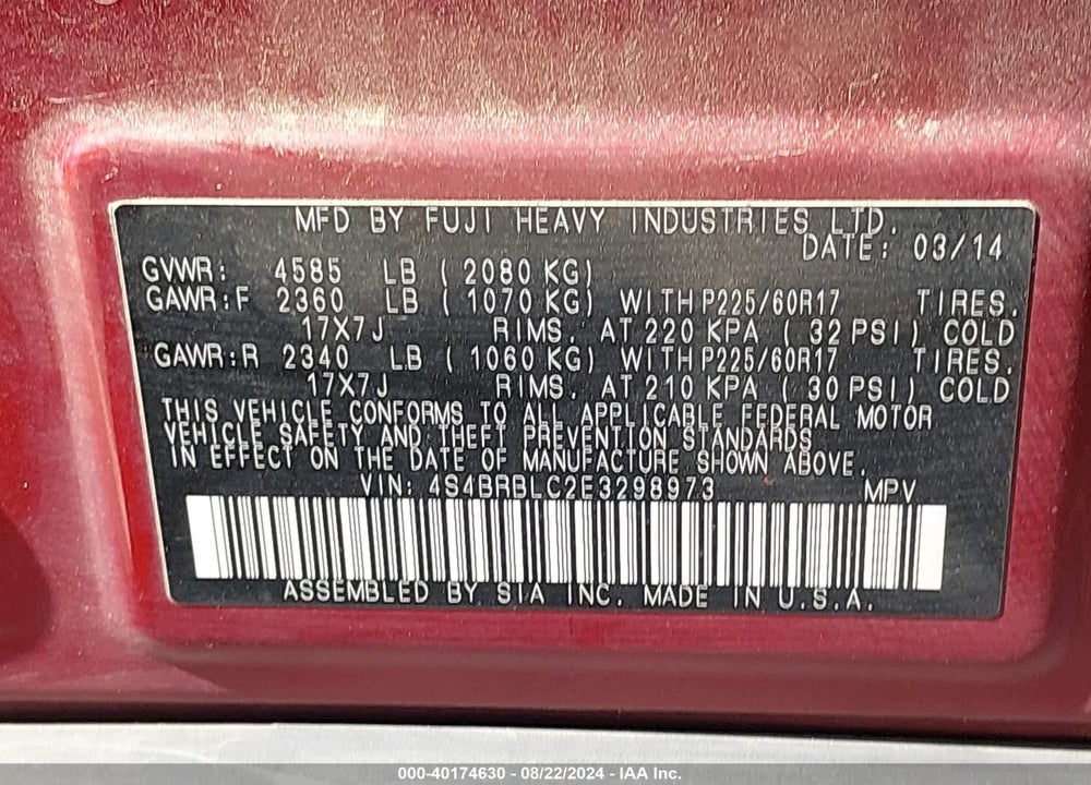 2014 SUBARU OUTBACK 2.5I LIMITED VIN: 4S4BRBLC2E3298973