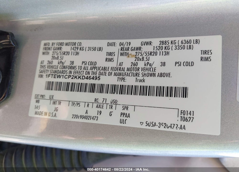 2019 FORD F-150 XL VIN: 1FTEW1CP2KKD46495