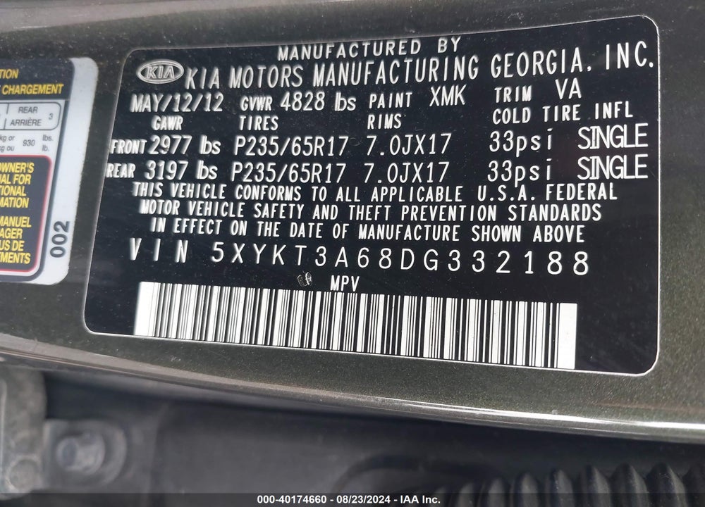 2013 KIA SORENTO LX VIN: 5XYKT3A68DG332188