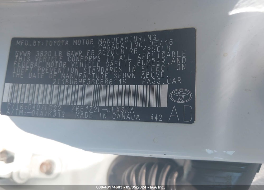 2016 TOYOTA COROLLA S PLUS VIN: 2T1BURHE3GC686116
