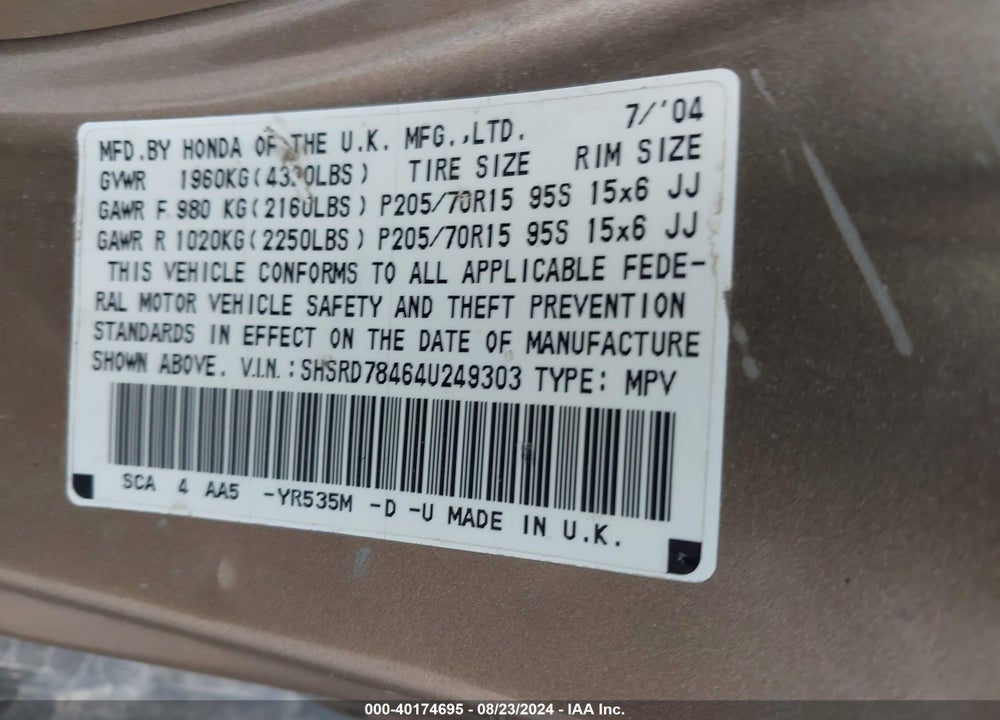 2004 HONDA CR-V LX VIN: SHSRD78464U249303