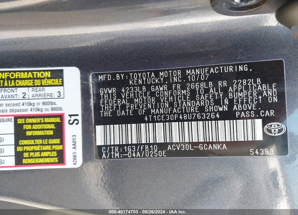 2008 TOYOTA CAMRY SOLARA SE VIN: 4T1CE30P48U763264