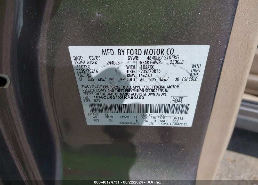 2006 FORD ESCAPE VIN: 1FMCU931X6KA60399