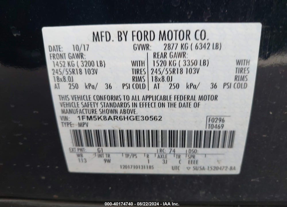 2017 FORD UTILITY POLICE INTERCEPTOR VIN: 1FM5K8AR6HGE30562