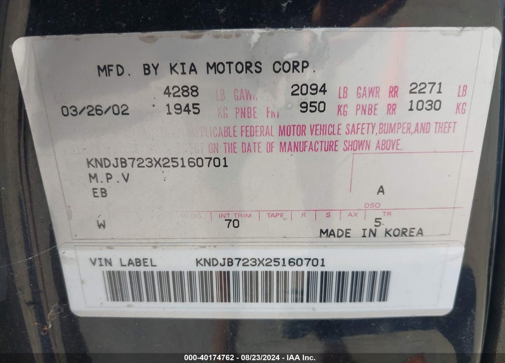 2002 KIA SPORTAGE VIN: KNDJB723X25160701