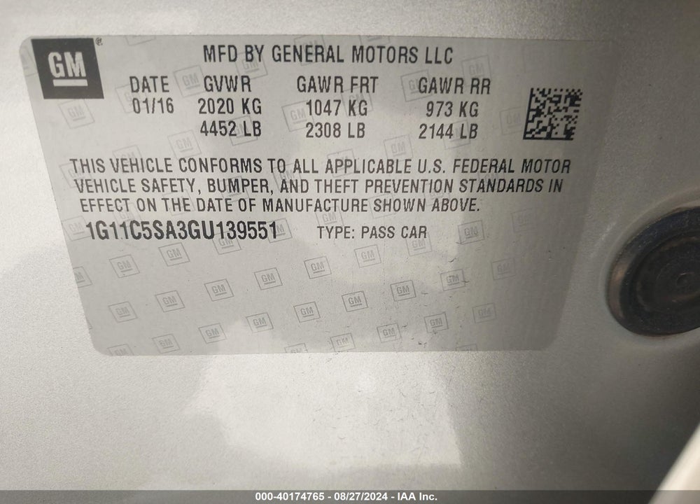 2016 CHEVROLET MALIBU LIMITED VIN: 1G11C5SA3GU139551