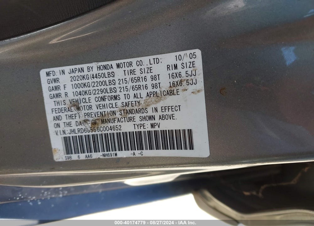 2006 HONDA CR-V LX VIN: JHLRD68556C004652