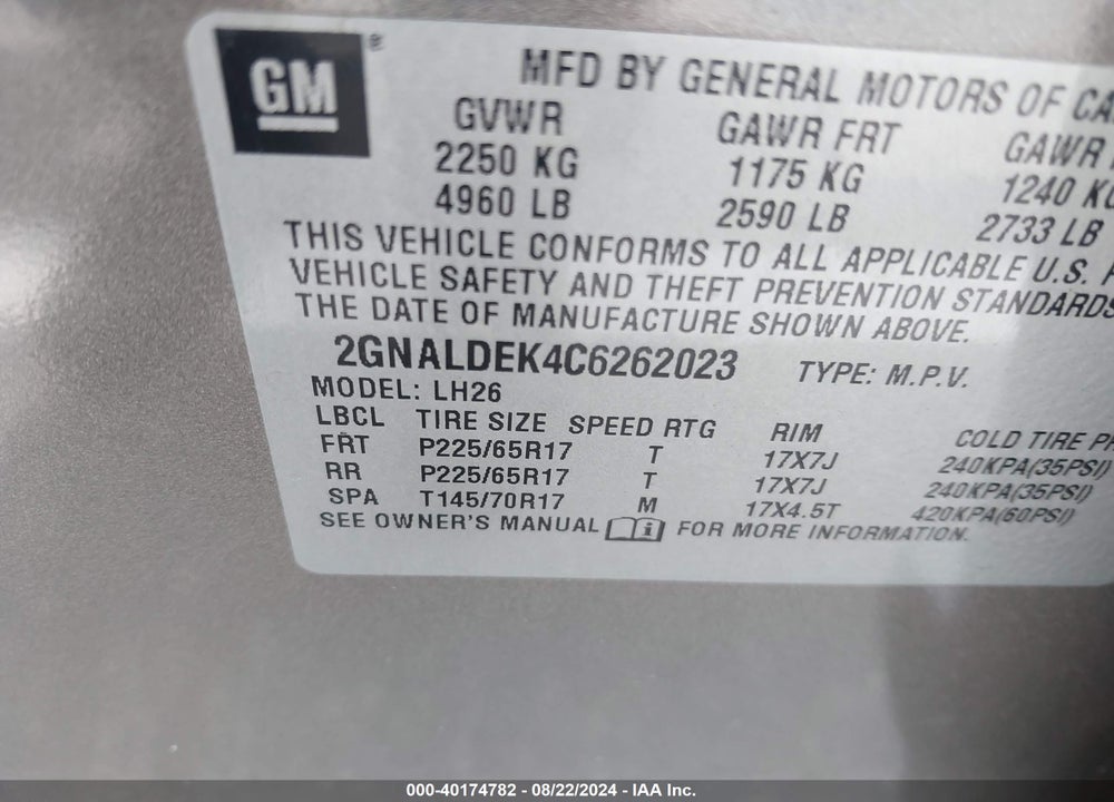 2012 CHEVROLET EQUINOX 1LT VIN: 2GNALDEK4C6262023