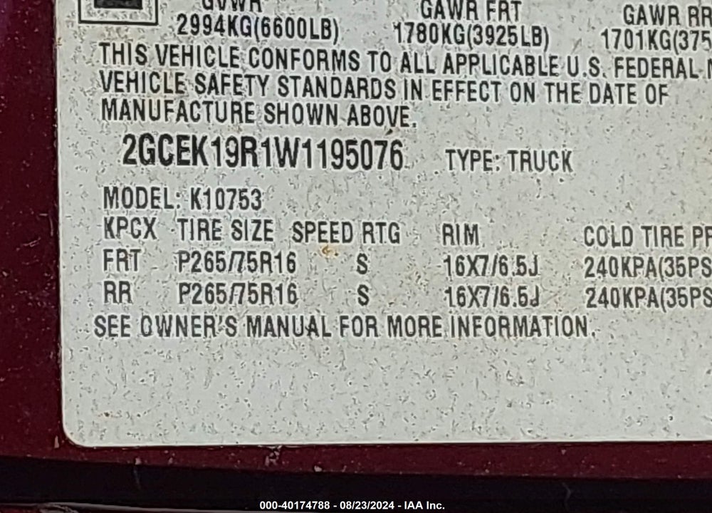 1998 CHEVROLET K1500 FLEETSIDE VIN: 2GCEK19R1W1195076