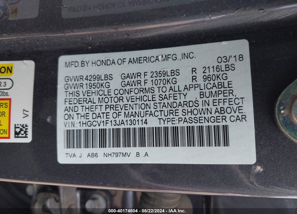 2018 HONDA ACCORD VIN: 1HGCV1F13JA130114