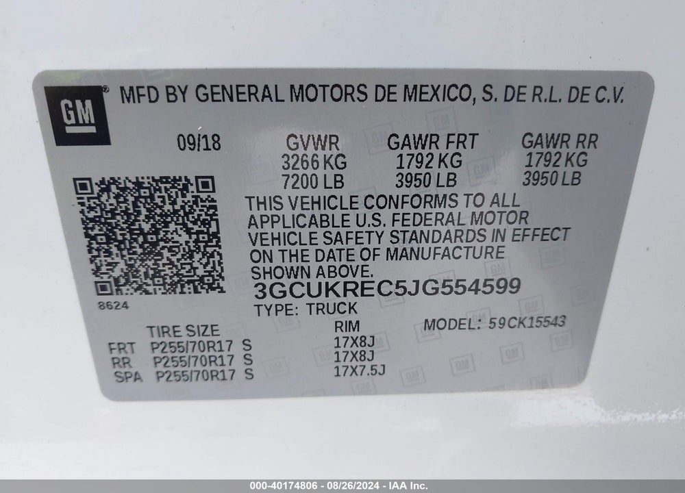 2018 CHEVROLET SILVERADO 1500 1LT VIN: 3GCUKREC5JG554599