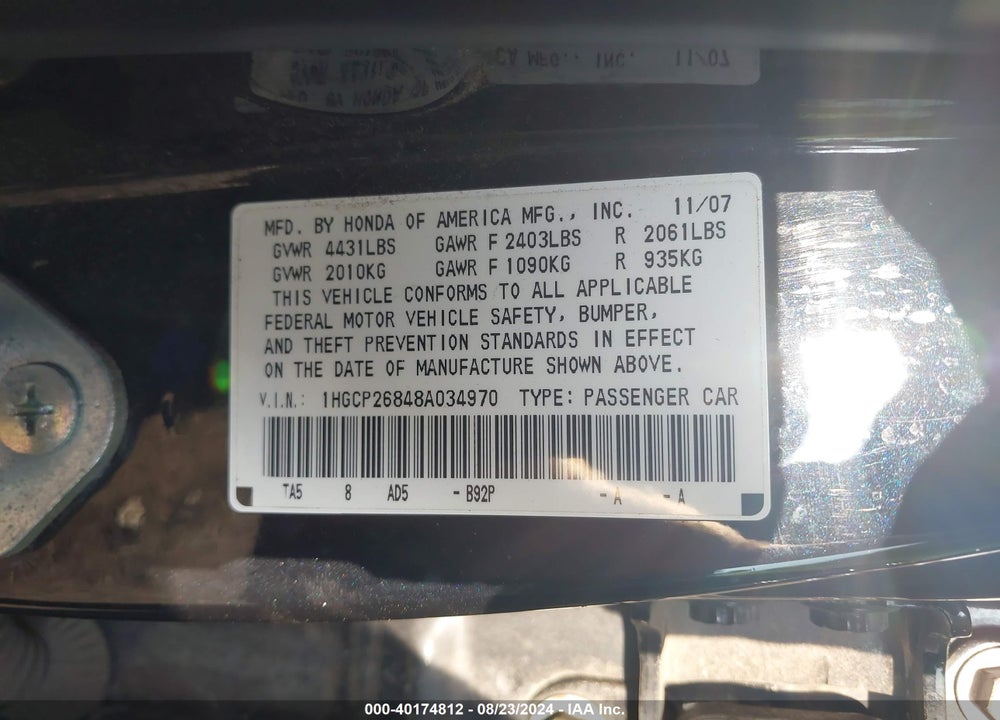 2008 HONDA ACCORD 2.4 EX-L VIN: 1HGCP26848A034970