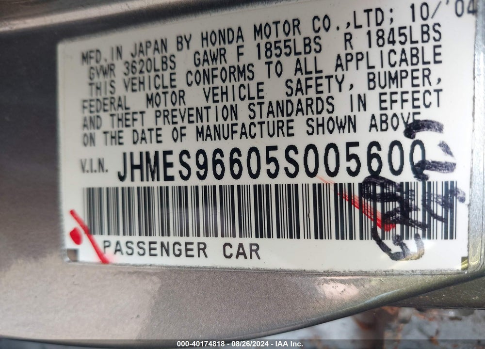 2005 HONDA CIVIC HYBRID VIN: JHMES96605S005600