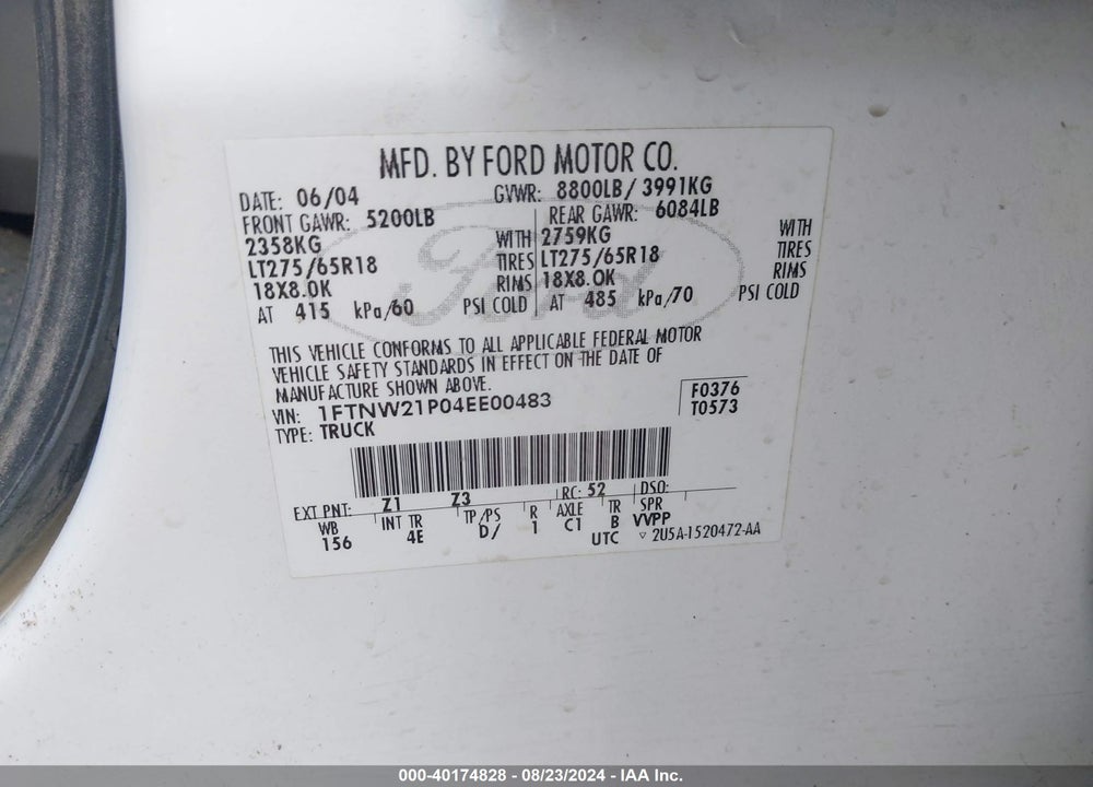 2004 FORD F-250 LARIAT/XL/XLT VIN: 1FTNW21P04EE00483