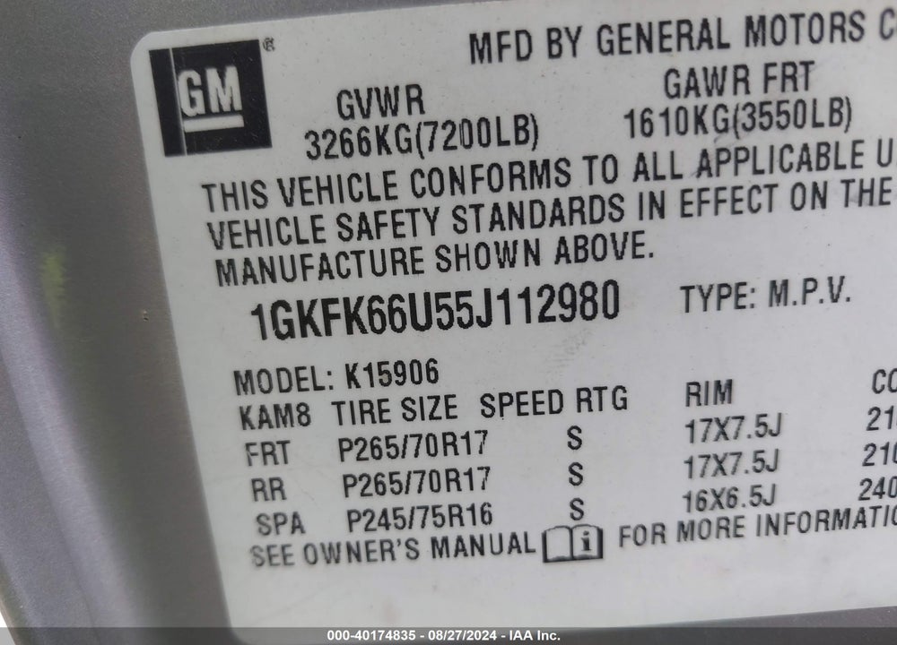 2005 GMC YUKON XL 1500 DENALI VIN: 1GKFK66U55J112980