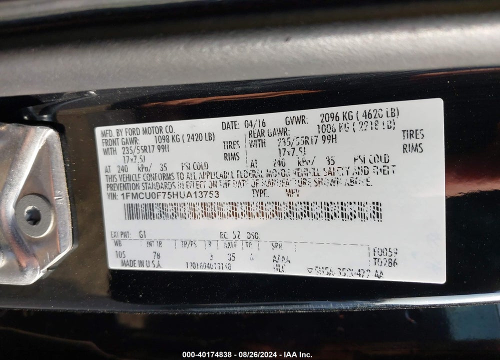 2017 FORD ESCAPE S VIN: 1FMCU0F75HUA13753