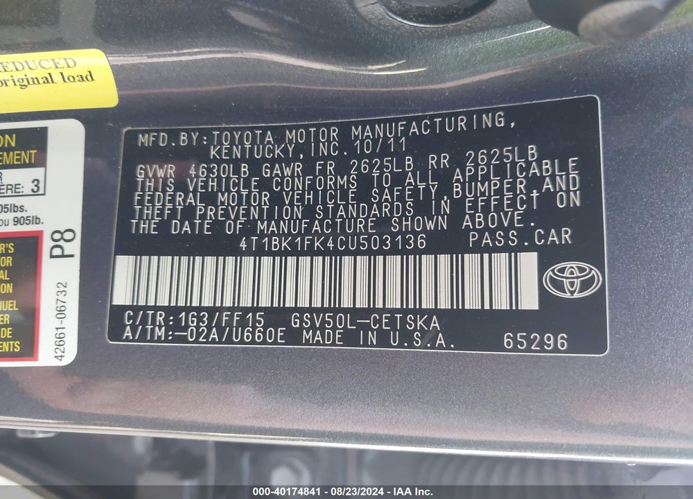 2012 TOYOTA CAMRY SE V6 VIN: 4T1BK1FK4CU503136