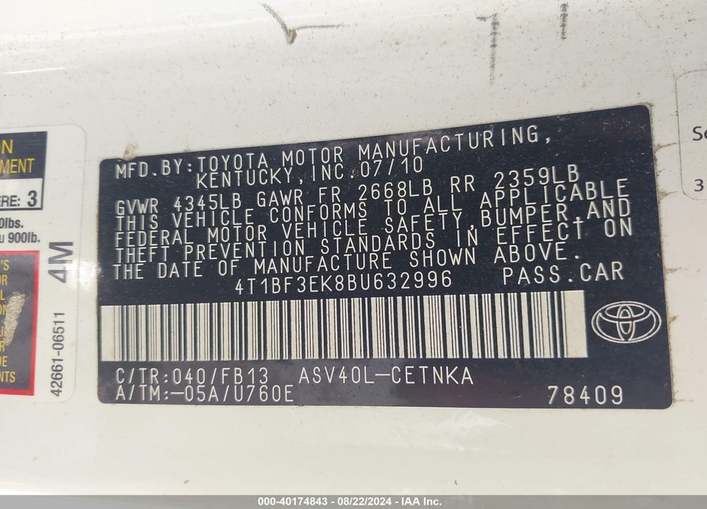 2011 TOYOTA CAMRY LE VIN: 4T1BF3EK8BU632996