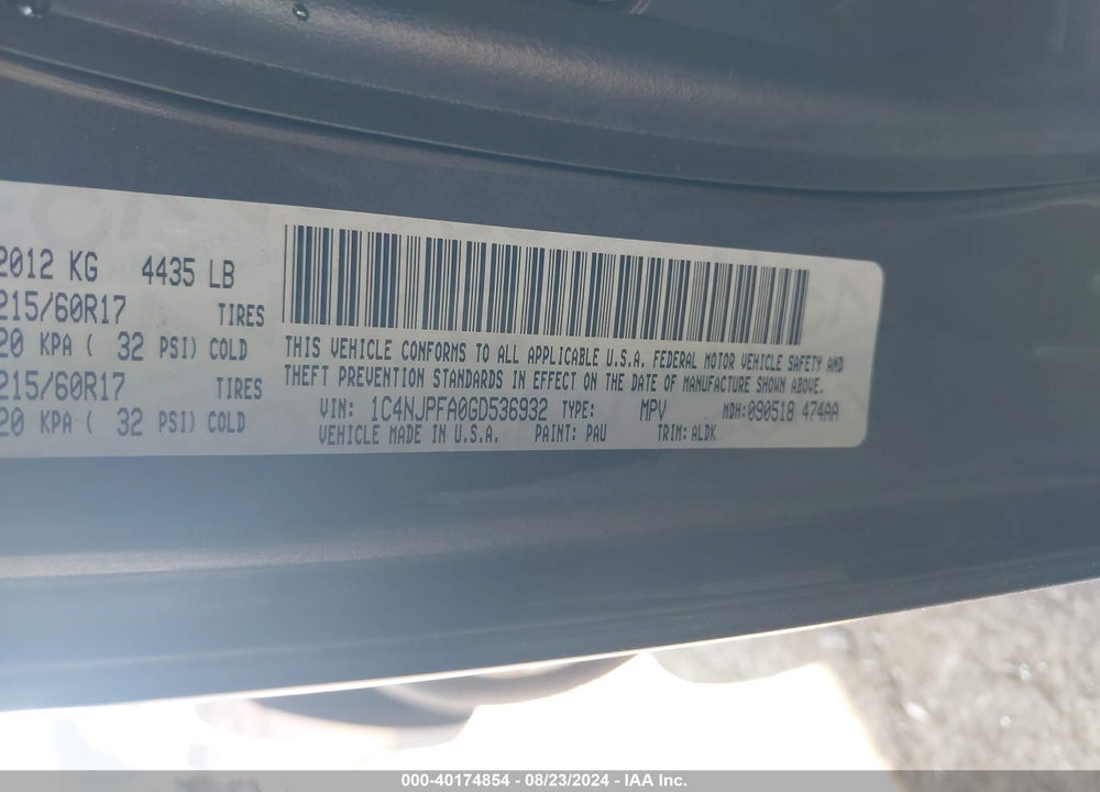 2016 JEEP PATRIOT HIGH ALTITUDE EDITION VIN: 1C4NJPFA0GD536932