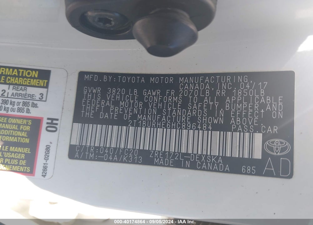 2017 TOYOTA COROLLA SE VIN: 2T1BURHE6HC896484