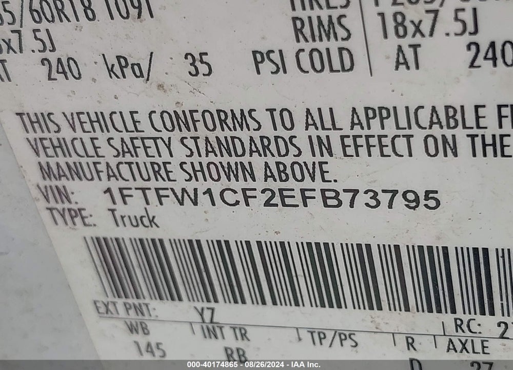 2014 FORD F-150 FX2 VIN: 1FTFW1CF2EFB73795