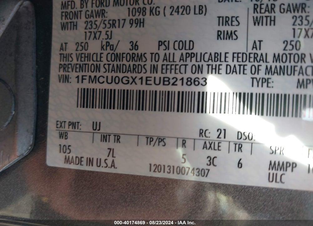 2014 FORD ESCAPE SE VIN: 1FMCU0GX1EUB21863