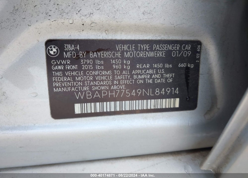 2009 BMW 328I VIN: WBAPH77549NL84914