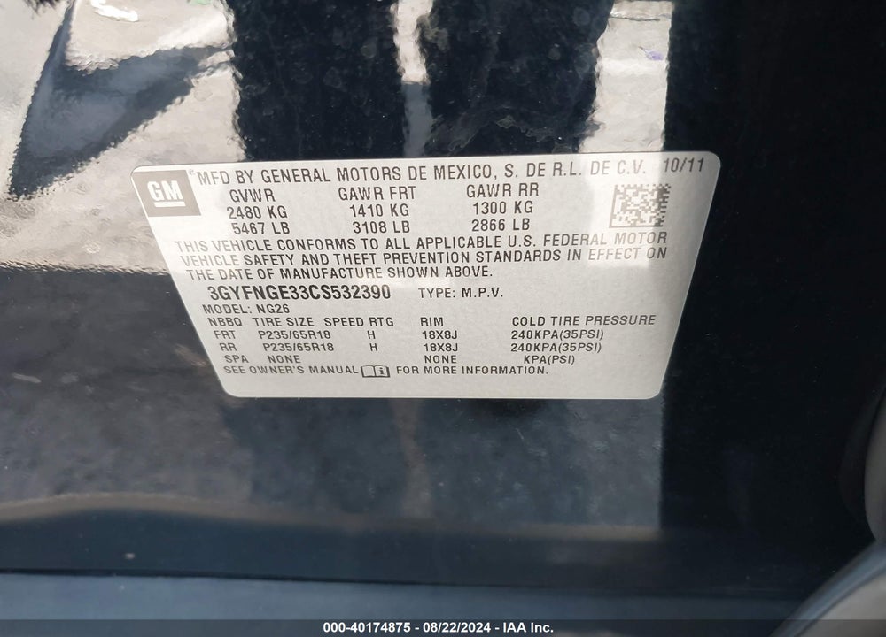 2012 CADILLAC SRX STANDARD VIN: 3GYFNGE33CS532390