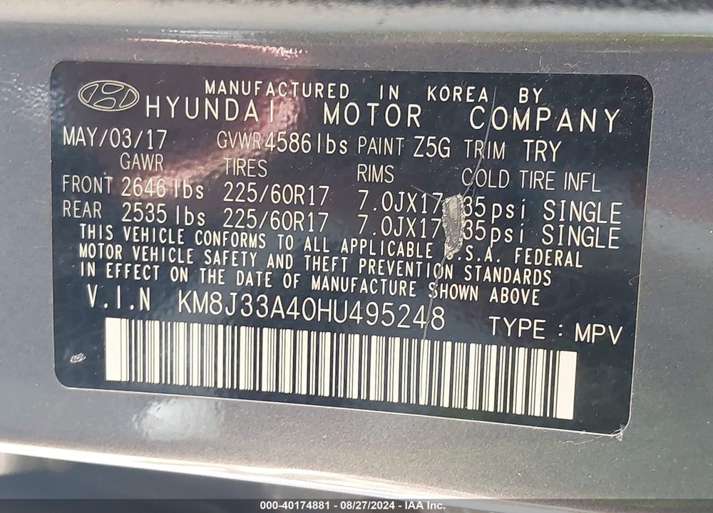 2017 HYUNDAI TUCSON SE VIN: KM8J33A40HU495248
