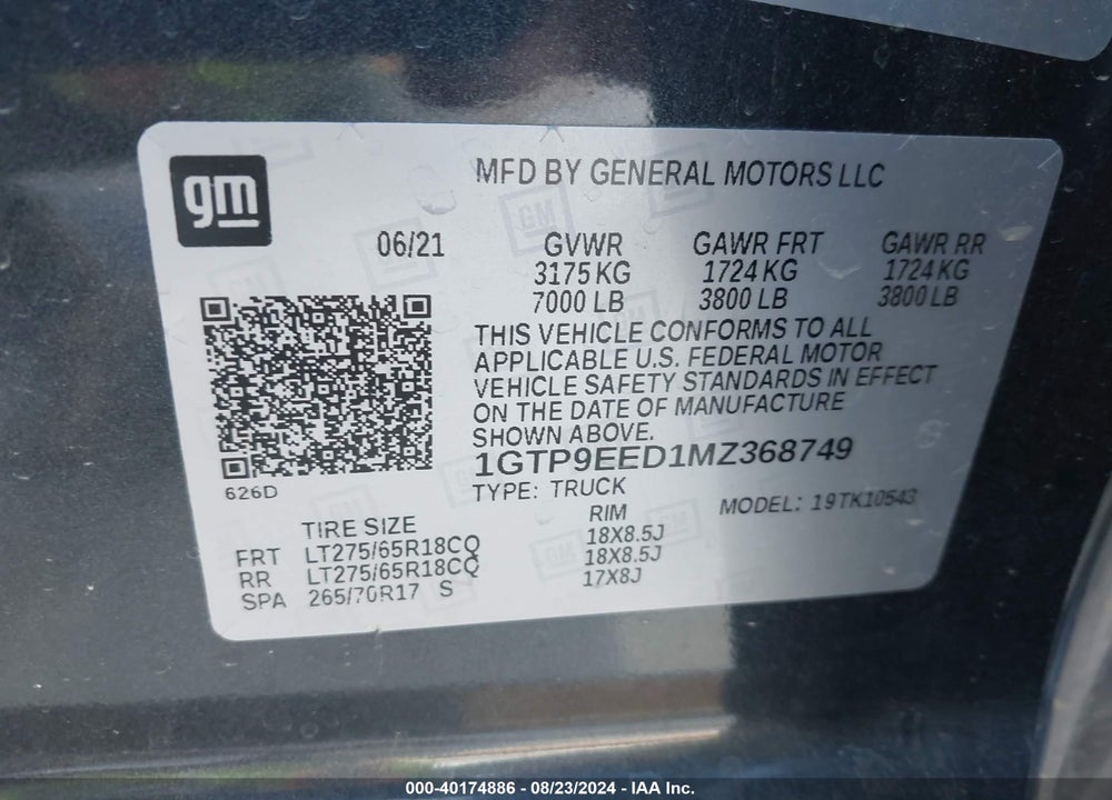 2021 GMC SIERRA 1500 4WD SHORT BOX AT4 VIN: 1GTP9EED1MZ368749
