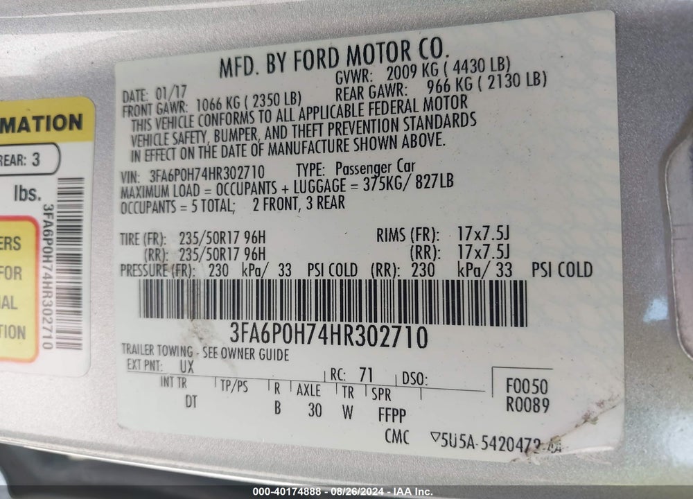 2017 FORD FUSION SE VIN: 3FA6P0H74HR302710